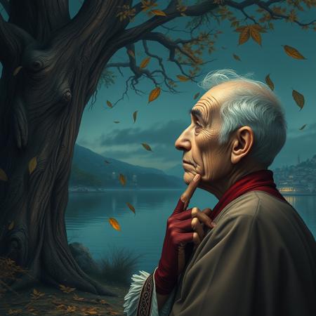 (photorealism:1.5)
1 oldman, full body, thoughtful expression, gazing at the majestic tree, falling leaves,  calm coastal village in the background, night time, pale colors, high contrast, hyper-realistic, serene atmosphere, pensive pose, detailed, high-definition, reflective mood, peaceful setting,
slight freckles, long eyelashes, thick eyebrows, torn pelvic sheer curtain, bridal gauntlets, torn red dress,