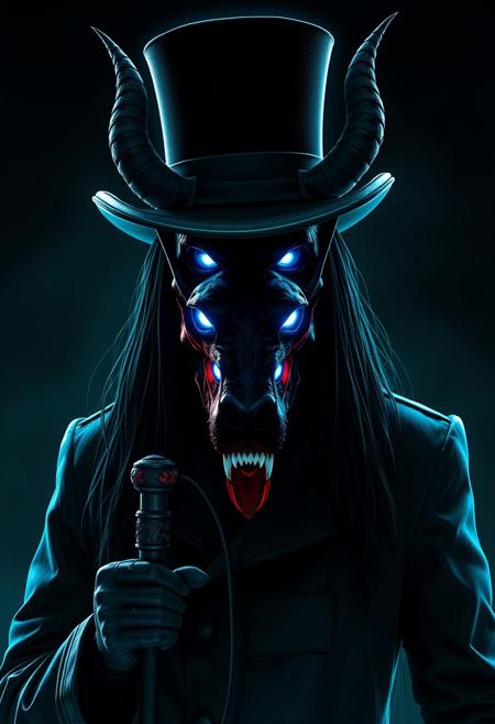 Four demon eyes, top hat, symmetrical demon horns coming out of hat from head, (long mask beak), detailed Plague doctor mask, Cyberpunk plague doctor, neon silhouette, super long DBZ style hair, extremely long hair, black_hair, neon lighting on eyes, four neon deep blue_eyes on hellhound, Bloodborne style, Dante devil May cry trench coat, full body, ray tracing, extreme detail on trench coat, holding out a walking cane with the head of a hellhound glowing, holding cane to the side,