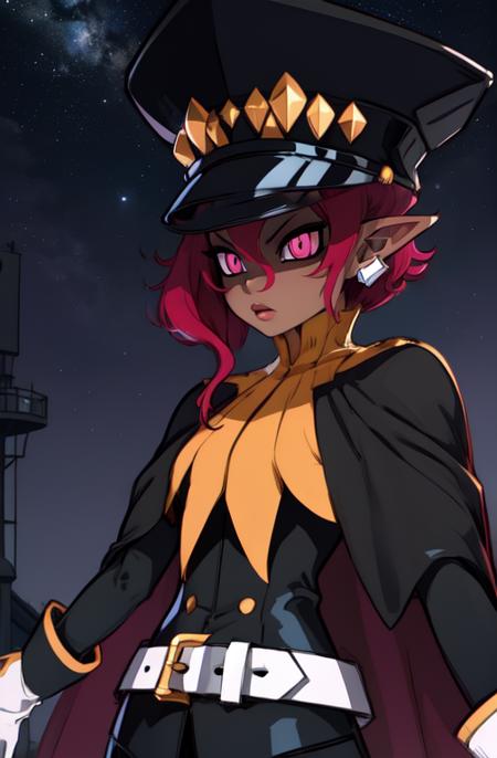 Psychic, short lavender hair , pink eyes,pointy ears , 
standing, upper body,
white gloves, small earrings, white belt , black uniform with long sleeves ,shako cap, cape, 
stars, military base, night, outdoors, 
(insanely detailed, beautiful detailed face,beautiful detailed eyes, masterpiece, best quality) 
 <lora:Psychic-10v6:0.8>