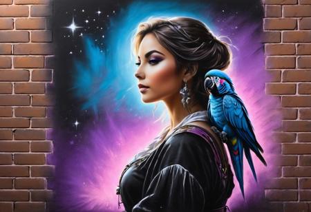 graffiti, pastel, graffiti on brick wall, spray paint on wall, colorful graffiti, street art, spray paint, street canvas, graffiti artist, graffiti art, spray art, spray art, (((old worn out brick wall: 1.4))). Moral on the wall of the house. In the middle of a moonlit night, a beautiful female pirate poses confidently. While her silhouette stands out against the black background, a glowing parrot with shimmering pastel purple phosphorescence gracefully perches on her shoulder, radiating a calming glow.
