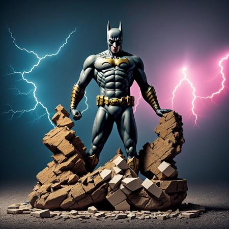 mdjrny-shttr, broken statue of batman made of (marble:1.1) with golden inlays with (blue lightnings:1.3) on background, floating stones from statue, hyper-realism, best quality <lora:broken rocks:0.6>, hyper-realism, best quality