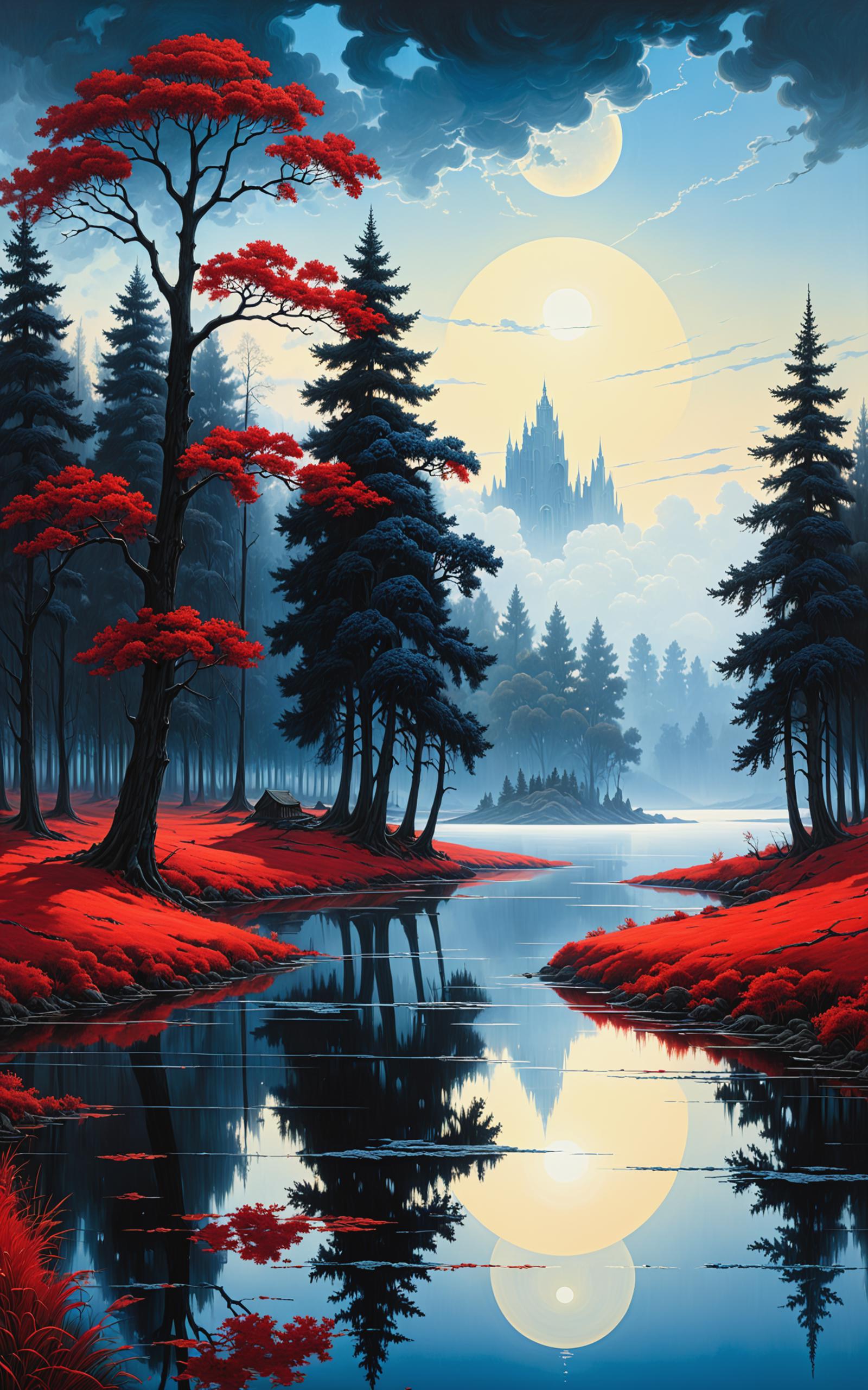 A Painting of a Forest with a Lake and a Moon at Night