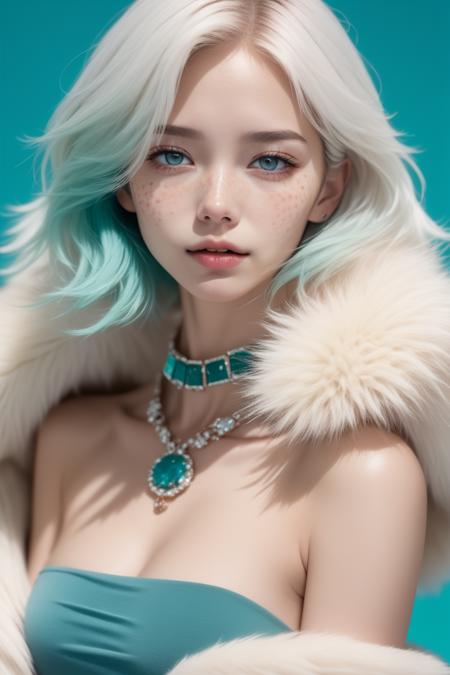 [Bare shoulder], 1 girl, adult woman, freckles,mole, ruby eyes, white hair hair, Fur Trimmed Coat,simple background,(Teal gradient background:1.1), (masterpiece,best quality:1.6),Fearful, Contax G1/G2 Camera ,film camera, jewelry ,bracelets , ultra realistic,32k,RAW photo,(high detailed skin:1.2)