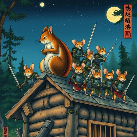 A warm summer night,  a one big squirrel is a commander of a group of  mice. All  are standing on the top of a wooden roof of a big wooden cabin in the middle of the forest.  All of them wear a medieval knight armors and hold steel swords. vivid colors, ukiyo-e  style