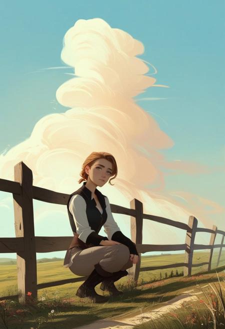 score_8_up, score_7_up, a cowgirl sitting on a fence in a field, Western landscape, clouds