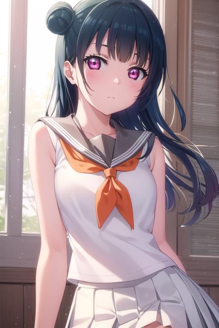 yoshikotsushima, <lora:yoshiko tsushima s2-lora-nochekaiser:1>,
yoshiko tsushima, long hair, bangs, blue hair, (pink eyes:1.3), hair bun, single hair bun, single side bun,
BREAK shirt, school uniform, white shirt, serafuku, neckerchief, uranohoshi school uniform, (orange neckerchief:1.2), sleeveless, skirt, pleated skirt, grey skirt,
BREAK indoors, classroom,
BREAK looking at viewer, (cowboy shot:1.5),
BREAK <lyco:GoodHands-beta2:1>, (masterpiece:1.2), best quality, high resolution, unity 8k wallpaper, (illustration:0.8), (beautiful detailed eyes:1.6), extremely detailed face, perfect lighting, extremely detailed CG, (perfect hands, perfect anatomy),