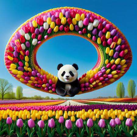 jaynl-tm, made of tulips, A flying fairy made of tulips, with the face of a panda, soaring through a magic world where every surface blooms with vibrant petals. Her wings are delicate tulip petals in gradient hues—pink, yellow, and violet—fluttering like blossoms in the wind. The panda’s face is crafted from soft white tulips with dark floral accents for eyes, exuding whimsy. Around her, the air shimmers with floating tulips, and the landscape below is a surreal tapestry of tulip-laden trees, rivers of petals, and cascading floral arches. Lightning and thunder are reimagined as streaks of glowing tulip vines, crackling across the sky in electric blues and purples, leaving trails of scattered petals. The scene is a kaleidoscope of color, bold and dreamlike, where nature’s architecture is rebuilt in tulips. The words ‘made of tulips’ weave subtly into the composition