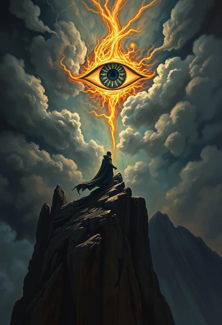 A dark fantasy illustration portraying a robed sorcerer standing atop a craggy cliff, summoning a massive, glowing eye symbol in the storm-filled sky above. The scene is rendered in intricate detail, with swirling clouds, crackling lightning, and a dramatic interplay of light and shadow adding to the awe-inspiring intensity.
( oil painting art style, monet style, monet style, painting, palette knives painting, impasto painting, canvas texture, (( Oil painting effect )), oil painting brush, oil painting style, brush stroke, monet style, oil painting detailers ), canvas, brush, palette, pigment, oil, varnish, texture, impasto, glazing, underpainting, still life, Renaissance, Baroque, Impressionism, modern art, contemporary art, fine art, visual art, and art history., ( simmering, sparkling, splendid, ultra-detailed, 4K, depth of field, high resolution, (( Masterpiece, best quality )), sharp focus, highly detailed, ultra high resolution, perfect fingers, ) ., midjourney style