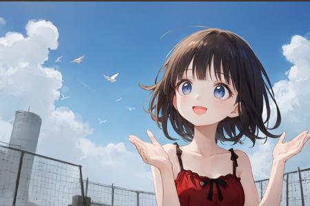 so blue sky, best quality, amazing intricate, cute girl, many white birds flying away, (edge of screen, out of frame:1.4),
black hair, blunt bangs, medium hair, (round eyes:1.3), :d, dark blue eyes, small breasts,
(in the distance:1.4), (from side:1.2), (upper body:1.1), standing, raise your hand, (face up, looking up, looking away:1.2),
red dress, negligee, ,
observatory