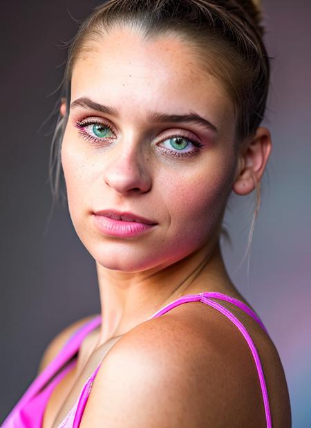 portrait of skswoman, flustered , wearing pants , with Half-up, half-down hairstyle , background hen house , epic (photo, studio lighting, hard light, sony a7, 50 mm, matte skin, pores, colors, hyperdetailed, hyperrealistic), <lyco:Daniel Melchior:1.0>