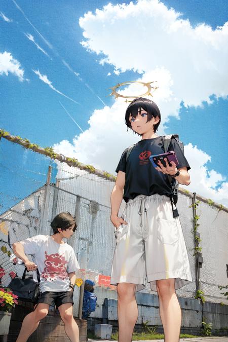 wings, backpack, fence, sky, chain-link fence, halo, short hair, shirt, bag, feathered wings, black hair, handheld game console, outdoors, angel, blue sky, white hair, holding, angel wings, short sleeves, day, cloud, white shirt, white wings, 2boys, male focus, white dress, shorts, pants, white footwear, dress, playstation portable, standing, closed mouth, from below, multiple boys, print shirt, black bag, 1boy, flying, rooftop, blue eyes, holding handheld game console, t-shirt<lora:ruinx:1>