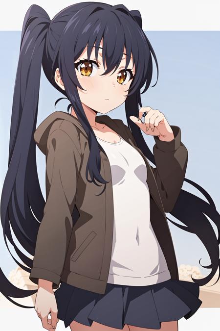 1girl, solo, kawasumi_saya_swimsuit,long hair, looking at viewer, black hair, twintails, brown eyes, very long hair, (jacket:1.2), (skirt:1.2), <lora:Kawasumi_Saya_ChichiiroToikiV01:0.6>