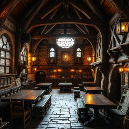 large medieval tavern, 8k, real photo, dungeons and dragons