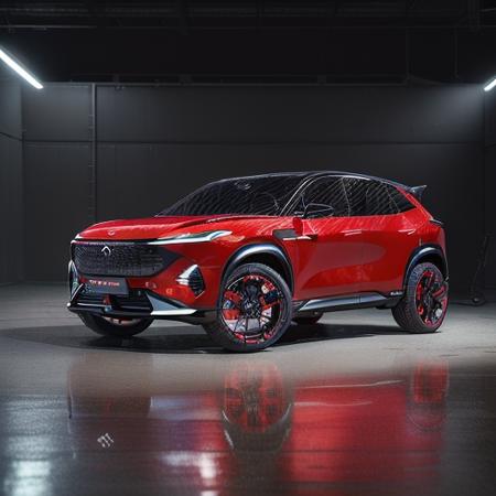 1 car ,small, simple, red, concept SUV,year 2030,(aesthetic background:1.2),front 45 degree view,((ev)),cybertech,future, sporty,masterpiece,4k,high quality,highly detailed,ultra realistic