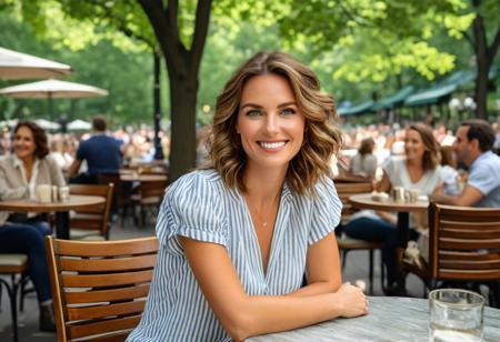 A meticulously detailed, hyper-realistic portrait of a Olivia, in her 35 years old ,with sun-kissed skin, bright green eyes, and a radiant smile. Her wavy, very short light brown hair , framing her naturally beautiful face. natural textured skin, subtle wrinkles,Detailed face skin:She is seated at an elegant outdoor café in Central Park, New York, on a perfect summer afternoon. Olivia wears a white and blue stripped linen blouse with the sleeves rolled up and blue jeans, effortlessly chic yet comfortable.  She seta in a cafe in Central Park, New York.The café has dark wooden tables and classic wrought-iron chairs, surrounded by lush green trees that provide dappled shade. The relaxed, vibrant atmosphere of a New York summer fills the scene. Shot with a Nikon D5300, 50mm lens, f/2.8 aperture, ISO 200, soft bokeh background, emphasizing Olivia while capturing the charm of Central Park in summer."