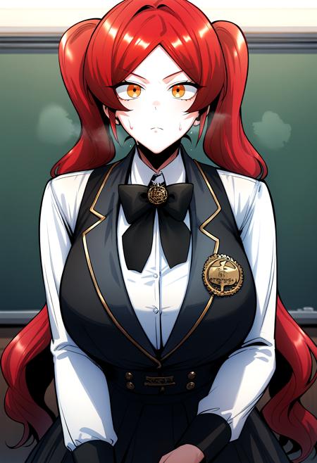 twintails, red hair, long hair, orange eyes, parted bangs, yellow eyes black bow, bowtie, black vest, white shirt, collared shirt, long sleeves, black skirt