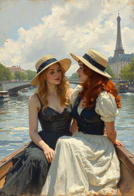 lesbian lovers in a boat on the Seine, 19th century Paris, in the Impressionist style of Renoir, blonde, brunette, copper hair, French boater hat, English boater hat, slim, full figure, 18yo, 35yo, dress, blouse and skirt