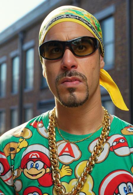 picture of a man EPAliGXL wearing an nintendo print shirt with yoshi and a do-rag, sunglasses, gold chains, standing on a rooftop, london, upperbody portrait, angry,