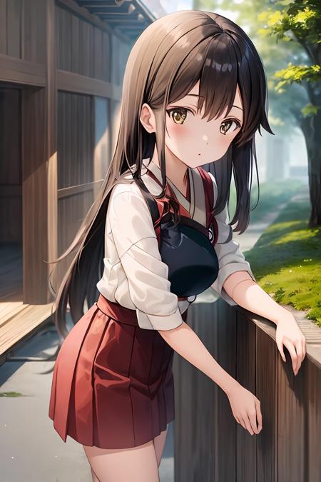 iks_akagi, 1girl, masterpiece, best quality, delicate details, refined rendering, solo, looking at viewer, japanese building, courtyard, outdoors,
 <lora:AkagiKancolle_V10:0.8>,