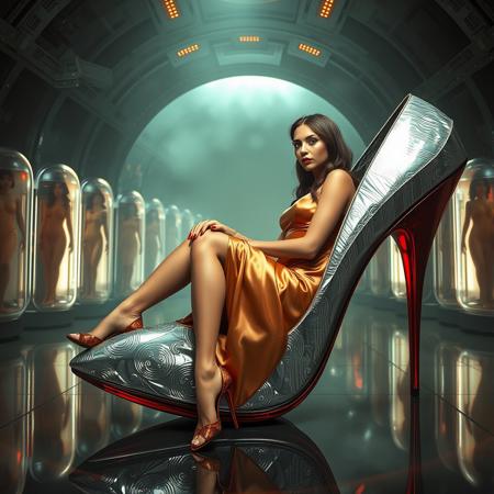 tall slender elegant slavic femme fatal  lays in giant high heel foil shoe ,  under dimension portal to another galaxy , dressed in sexy glossy satin side slit 1920s nightgown ,  pefect legs in lace trim stockings and d'orsay high heels, small feets, alien spaceship chamber, surrounded by beauty models encased in  hi-tech stasis tubes at background,  fog, mirrors, hi-tech, sci-fi, scifi, mind control, steel, foil, hypno, romance,  lipstick, long hair, heavy makeup,  red nails, long hair, green eyes, sharp cheekbones, ultra thin waist , seductive, feminine, mysterious, alluring, red lasers
