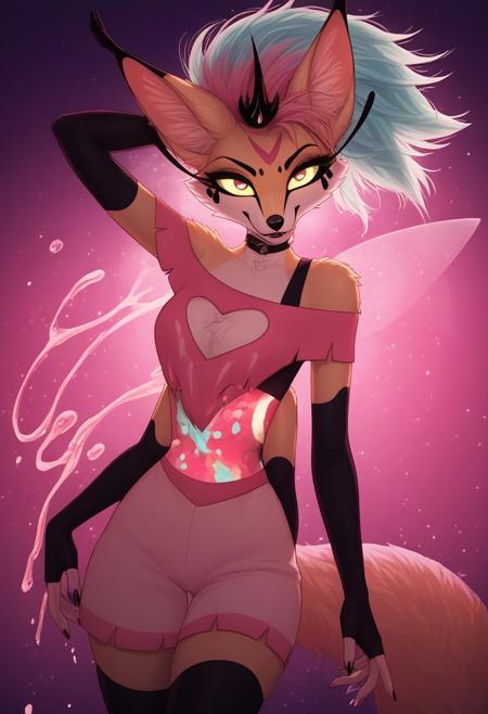 (queenbee, queen bee:1.2), (four arms, long liquid hair, fox face, fox head, fennec fox ears, bee wings), female, anthro, humanoid, thin, small petite, bee themed background, bee themed party, tail, choker, ears, (pink iris, yellow sclera:1.2), (realistic:1.2),  (masterpiece:1.2), (full-body-shot:1.2),(Cowboy-shot:1.2), neon lighting, dark romantic lighting, (highly detailed:1.2),(detailed face:1.2), (gradients), colorful, detailed eyes, (detailed landscape:1.2), (natural lighting:1.2),(detailed background), detailed landscape, (glamour pose:1.2), solo, <lora:Queen_bee_V0.8 (1):0.9> <lora:add_detail:0.15> <lora:hipoly3DModelLora_v10:0.05>  <lora:RSERomantic_RSESofiko_RSEEmma-v1:0.1> <lora:BeautifulEyes:0.65> <lyco:coloredSkin-08:0.3>