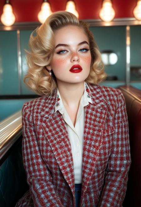 This high-definition CGI rendering presents a stunningly detailed depiction of a young woman in a vintage diner setting. The subject is a light-skinned woman with an ethereal complexion and voluminous, styled blonde hair cascading in soft waves. Her makeup is dramatic, featuring bold red lips, heavy eyeliner, and a subtle blush that accentuates her high cheekbones. She wears a provocative, open, plaid blazer in shades of red, white, and blue.rockabilly style, 1girl, mole on breast, breasts, mole, jewelry, nipples, necklace, freckles, solo, looking at viewer, 1950's
