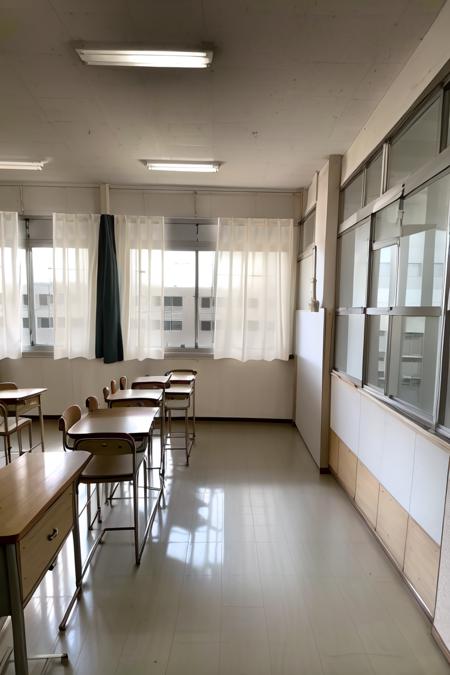 <lora:schoolBuildingScenery_test5Ep8:1>
kyoushitsu, classroom, indoors, school chair, school desk, chalkboard, window, ceiling light, curtains, tree, 8k, masterpiece, absurdres, anime,