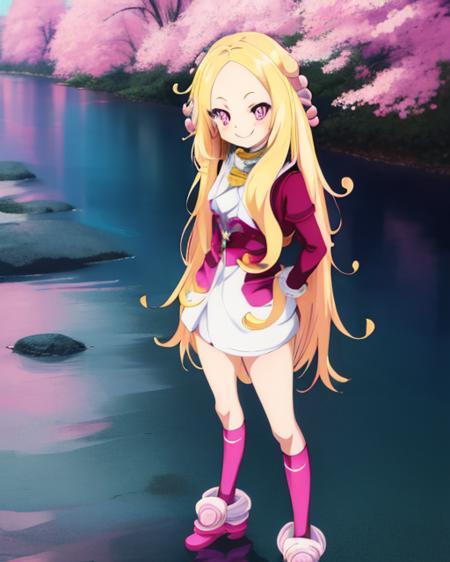 <lora:Roux Cristasse:1>  art background, anime coloring, blonde hair, pink eyes, smile, hair bobbles, river background, full body, pose