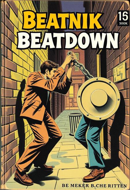 Paperback book, "Beatnik Beatdown" a1950's softcover book featuring two beatniks fighting in an alleyway, one with a chain, the other using a trash-can lid as a shield,