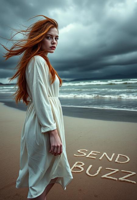 (Anton Corbin photography style), (gritty, high contrast, slow shutter speed, grainy), (film grain:1.2), 
It’s a dark and stormy day, a beautiful woman perfect pale white skin, petite body, round face,  with long red hair and blue eyes stands on the shore of sandy Scottish beach wearing a loose 
thin fitting white dress, her hair and dress blown by the wind, (slow shutter speed emphasizes motion of windblown hair and dress), she is on the right side of the image:0.9 she is looking at words written in the sand near her “SEND BUZZ”