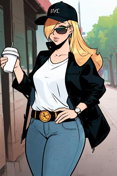 (masterpiece, best quality:1.2), <lora:hugo_tendaz:.65>, hugo tendaz, blonde hair, eyewear hang, sunglasses, hat, long hair, cup, jacket, eyewear removed, green eyes, jewelry, earrings, watch, black headwear, eyes visible through hair, 1girl, holding, hair over one eye, black jacket, denim, jacket on shoulders, wristwatch, looking at viewer, pants, disposable cup, drinking straw, blush, shirt, solo focus, bangs, holding cup, outdoors, black shirt, parted lips, signature, jeans, blurry background, blurry, open clothes, black pants, collarbone, baseball cap, belt, solo