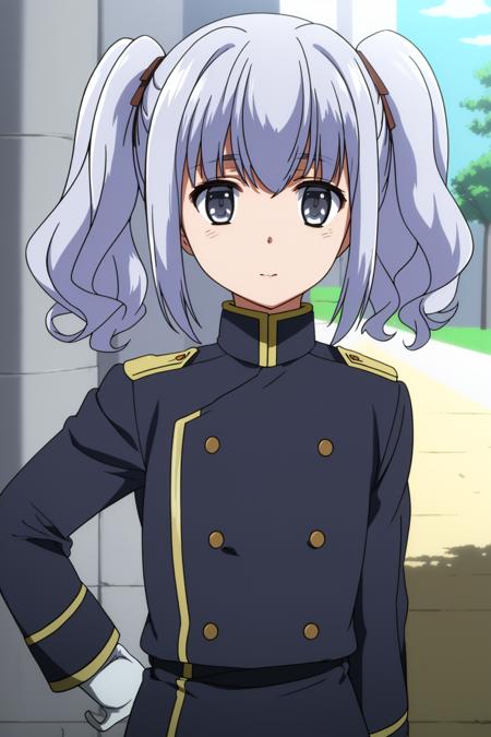 ((masterpiece)), (( best quality)), 1girl, solo, twintails, grey eyes, white hair, military, uniform, military uniform, buttons, looking at viewer, school uniform, <lora:NephrenV2:0.7>,