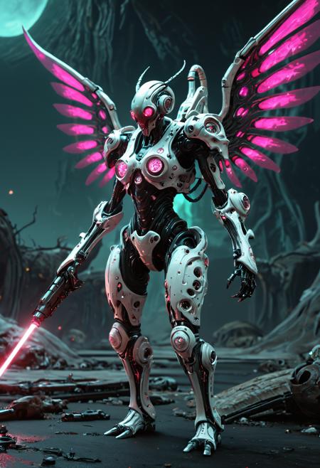 A biopunk cyborg mechsuit with scifi insect wings. A merge of a tentacled monster, high fantasy sorceress and spacemarine. The mechsuit is a  mix of neon and moody colours. Dynamic pose, holding a large scifi laser weapon. Full length image. Background is alien landscape on an alien planet. <lora:EpicF4nta5yXL:0.35> . award-winning, professional, highly detailed . extremely high-resolution details, photographic, realism pushed to extreme, fine texture, incredibly lifelike, high contrast, well defined, <lora:Zariman_PONY:1>
