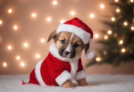 Sparkling lights Christmas background, 
cute baby puppy wearing Santa suit, 
gift box, 
emotional background photo, 
high quality background photo