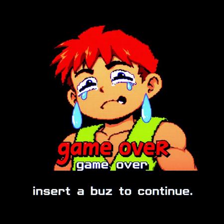 90's game screen,1boy,ryuu,street fighter,defeated,upper body,tears,sadly,black background,text:"game over",Display "insert a buzz to continue" the bottom of the screen