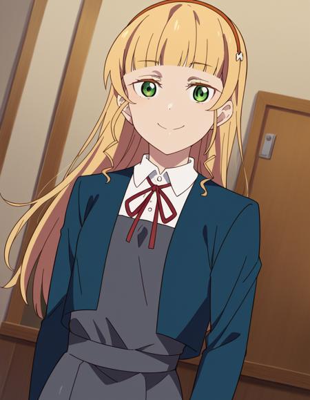 <lora:sumire-heanna-s2-ponyxl-lora-nochekaiser:1>, sumire heanna, long hair, bangs, blonde hair, green eyes, hairband, blunt bangs, orange hairband, shirt, dress, ribbon, school uniform, jacket, white shirt, open clothes, collared shirt, open jacket, red ribbon, neck ribbon, blue jacket, pinafore dress, grey dress, yuigaoka school uniform,