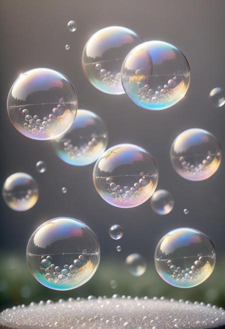 8k, Raw digital photo, soap bubbles made of delicate diamond film, floating in the air, refracting rainbow light, shallow depth of field, soft outdoor lighting, Soft Texture, Full Colour, 80mm, simple dark background,