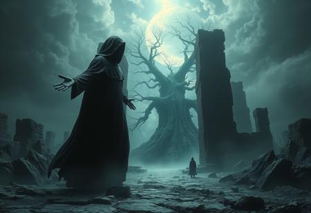 A universe inside a dark cloaked figure within mysterious landscape in an unfathomable realm of fantastic creation inhabited by ancient shadows of a forgotten time beyond the gate of the gateless gate where life is limitless, light is shadow and shadow is light, eerie sense, horror, spark of the beginning, existence and nonexistence at once, ethereal, outstretched arms, behold the end of the beginning, inglorious glory to the dark one, betrayal of the ancient order, beware the 7headed beast, destroyer of the old ways, bearer of the unbearable, nightmarish, archaic runes, tree aging backwards, breath of the gods, ruins of a place unimagined, extreme intricate detail, photorealistic, beyond epic scene, fate discarded, unseeable face of god, the end is the beginning, the beginning is the end, man arises as god dies, as above so below, as below so above, emerald tablet, thoth, guardian and saboteur of existence, hopeless hope, ghosts of the unborn, conception of the inconceivable, cosmic well of imperceptible perception, evil aura, infinite emptiness, pillars of void, overwhelming subtlety, abstract sacred geometry, beams of readiness without intention, gift of doom, despair of the ages, hidden secret warnings from dead gods, hand carved by the conductor of unholy loneliness with the sands of time incarnate, farewell her majesty