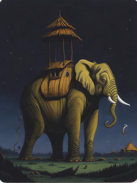 <lora:Dixit:1>a painting of an elephant with a house on it's back