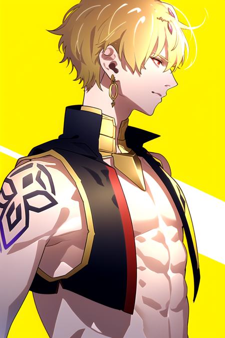 AGGA_ST015,  , Gilgamesh,  ? gilgamesh (caster) (fate) 642
? gilgamesh (fate) 6.0k
General
? 1boy 1.0M
? blonde hair 1.2M
? closed mouth 787k
? earrings 397k
? eyelashes 113k
? gorget 1.9k
? holding 922k
? jacket 629k
? jewelry 768k
? male focus 466k
? open clothes 351k
? open jacket 153k
? pectorals 62k
? profile 93k
? red eyes 1.0M
? short hair 1.8M
? sleeveless 314k
? sleeveless jacket 6.7k
? solo 4.0M
? upper body 539k
? yellow background 40k, <lora:EMS-64308-EMS:0.800000>, , <lora:EMS-53599-EMS:0.800000>