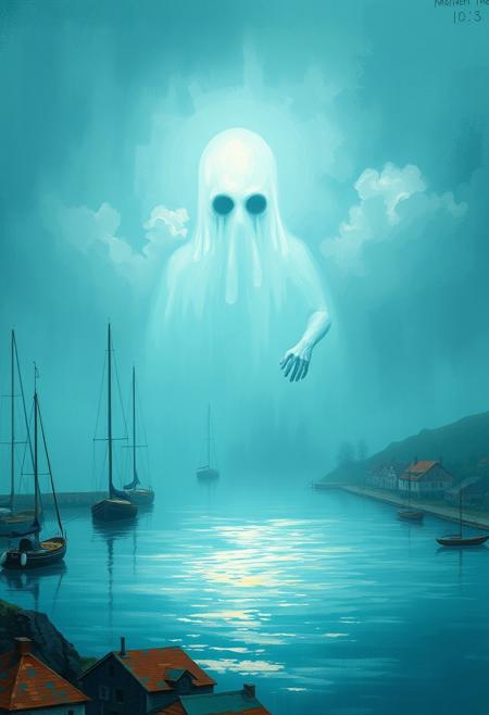 A coastal scene in the style of early 20th-century impressionism depicts a creepy ghostly figure in a thick teal fog. Loose expressive brushstrokes, vibrant naturalistic colors, and fleeting light create a luxurious yet unsettling atmosphere. The harbor, sailboats, and small town are barely visible through the low visibility.