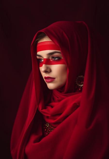 Woman in red veil, red jewelry, scarlet woman, red fabric, red scarf, crimson, shades of red, all red, (Red bandage on face: 1, no face: 1), Natalie Schau, veils and jewelry, in crimson red