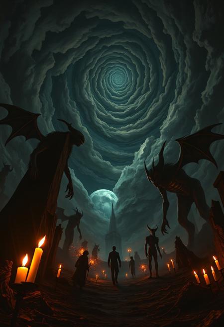 Surreal dreamscape, warm candlelight, low angle perspective, distorted figures, impossible geometry, swirling chaotic sky, unsettling creatures, dramatic lighting, flickering flames, warm glow.