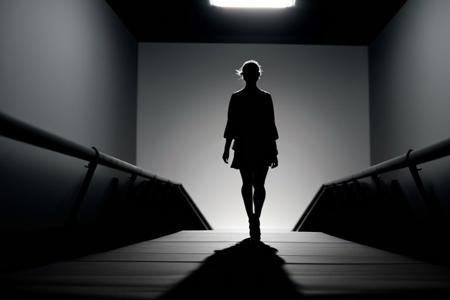 reate a landscape image for the landing page featuring a female model in the midst of a catwalk. The model is positioned at the center of the frame, captured from a third-quarter perspective to showcase the details of her outfit and the fluid motion of her walk. The scene is set in a minimalist environment, with silhouette lighting highlighting the model's form against a neutral backdrop. Ensure that the composition maintains a 16:9 aspect ratio, allowing for optimal viewing on the landing page. Capture the essence of the catwalk experience while maintaining the simplicity and elegance of the overall design theme