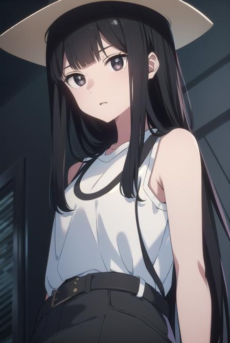 anzuhanashiro, <lyco:anzuhanashiro-lyco-nochekaiser:1>, 
anzu hanashiro, long hair, bangs, black hair, sidelocks, blunt bangs, (black eyes:1.5),
BREAK shirt, hat, white shirt, sleeveless, belt, pants, sleeveless shirt, white headwear, braid, single braid,
BREAK looking at viewer,
BREAK indoors,
BREAK <lora:GoodHands-vanilla:1>, (masterpiece:1.2), best quality, high resolution, unity 8k wallpaper, (illustration:0.8), (beautiful detailed eyes:1.6), extremely detailed face, perfect lighting, extremely detailed CG, (perfect hands, perfect anatomy),