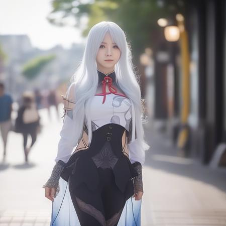 full body, front view, a cute girl in a street, long hair, white hair, ambient light, (detailed face, detailed body: 1.4), cosplay style <lora:Shenhe(Genshin_Impact):0.6>