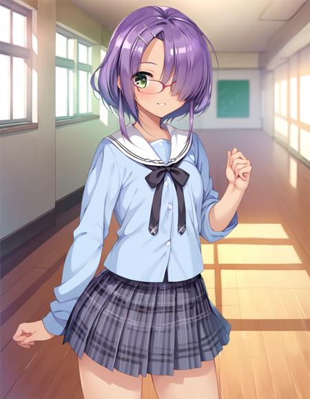 hucdnmi, hucdnmi,short hair, purple hair,hair over one eye,  bangs, hair ornament, green eyes, hairclip, dark skin,small breasts,   score_9, score_8_up, score_7_up, source_anime,