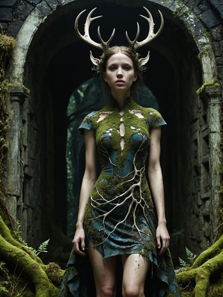 mysterious silhouette woman withsmall  antler and dress made out of moss, ruins in background, by Minjae Lee, Carne Griffiths, Emily Kell, Anna Dittmann, Steve McCurry, Geoffroy Thoorens, Aaron Horkey, amazing depth, dark and moody, grim, sinister,  surreal patterns, intricately detailed, bokeh, perfect balanced, deep fine borders, artistic photorealism, smooth, great masterwork by head of prompt engineering  <lora:ElementEarthSDXL:0.7> ElementEarth <lora:hyperkraximalism_v1-1:0.25>   <lora:add-detail-xl:0.8> <lora:zavy-cntrst-sdxl:0.8> dark, chiaroscuro, low-key