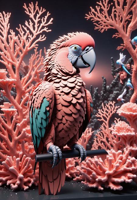 top-notch Color splash, dark Octane render, intricate details, landscape of a (coral style,score_9, score_8_up, score_7_up, score_6_up, cute parrot, made entirely of coral:1.3) and Extreme Arcadian Apartment, plain Cinestill background, Textile grass and X-ray binary in background, at Sunrise, Peaceful, Geometric Style, strong side key lights, F/5, CMYK Colors, fairy tale, halation, masterpiece, fine detail, common