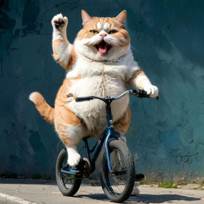 A cat riding a bicycle with a human arm raised behind it.